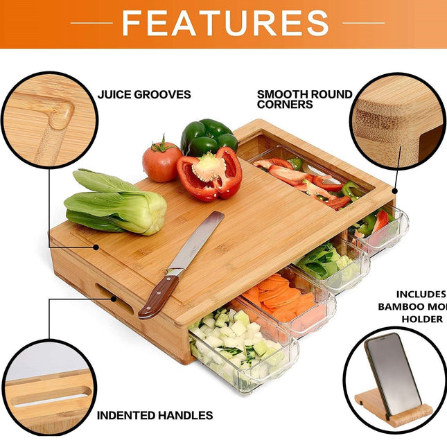 CARLA HOME Large Bamboo Cutting Board and 4 Containers with Mobile Holder gift included for Home Kitchen-1978962236374388737