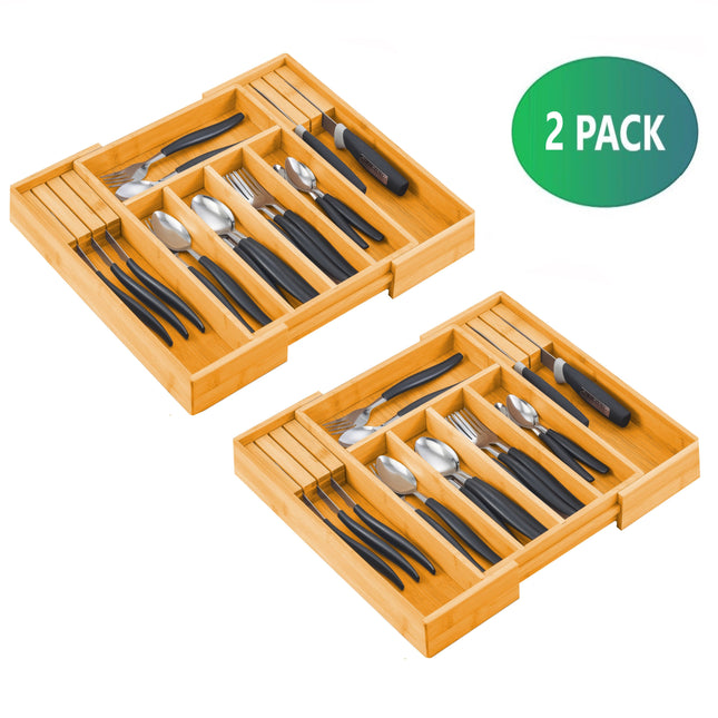 2 Pack Large Capacity Bamboo Expandable Drawer Organizer with Knife Block Holder for Home Kitchen Utensils-1978962241122340865