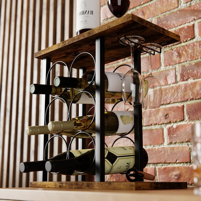CARLA HOME Wine Rack Countertop Wooden & Metal Holder for 6 Bottles & 2 Glasses-1978962247061475330