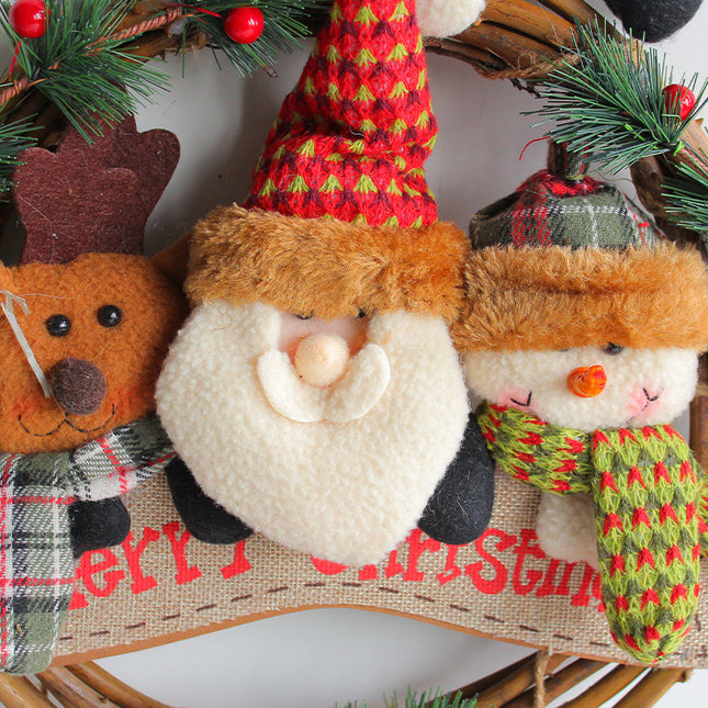 Rustic Christmas Wreath with Santa, Reindeer, and Snowman - Holiday Door Decoration