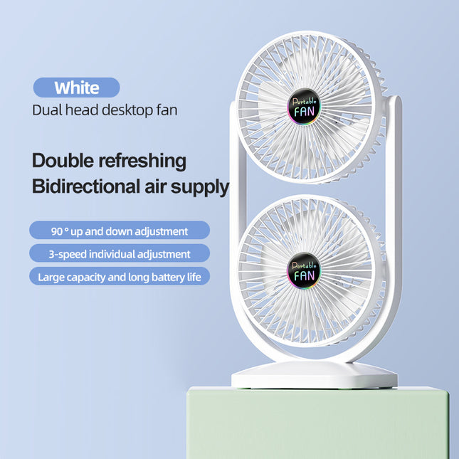 White Dual Head USB Rechargeable Desk Fan - Portable Double Air Circulator
