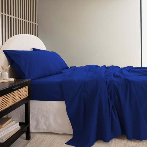 Royal Comfort Vintage Washed 100 % Cotton Sheet Set Single - Royal Blue-1917365876152209410
