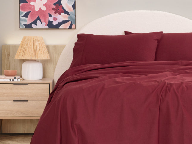 Royal Comfort Vintage Washed 100 % Cotton Sheet Set Single - Mulled Wine-1917365876303204353
