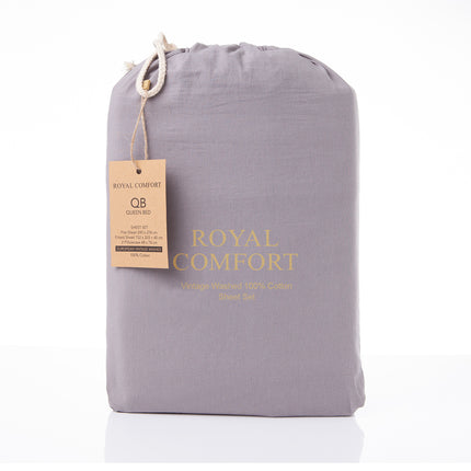 Royal Comfort Vintage Washed 100 % Cotton Sheet Set Double - Grey-1951134888207978503