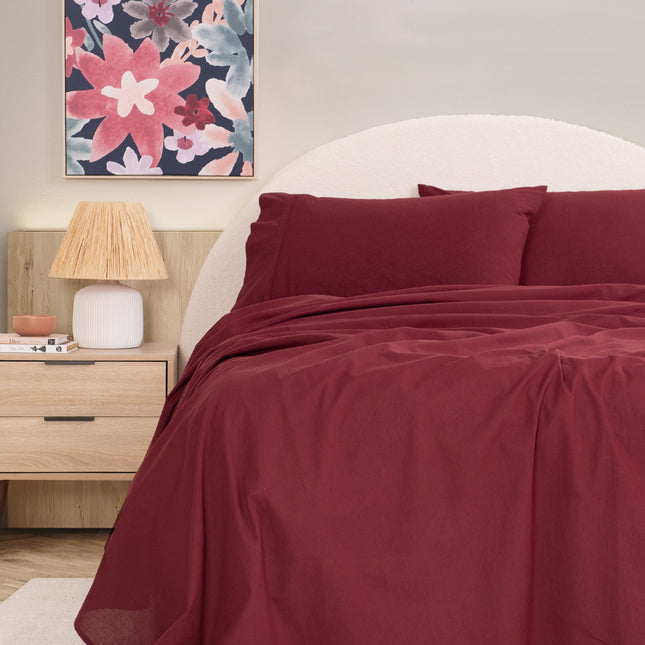 Royal Comfort Vintage Washed 100 % Cotton Sheet Set Double - Mulled Wine-1951134888400916481
