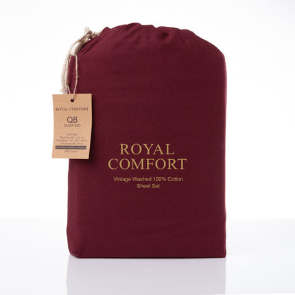 Royal Comfort Vintage Washed 100 % Cotton Sheet Set Double - Mulled Wine-1951134888400916487