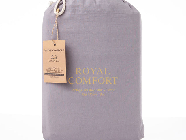 Royal Comfort Vintage Washed 100 % Cotton Quilt Cover Set Double - Grey-1951134832021082114