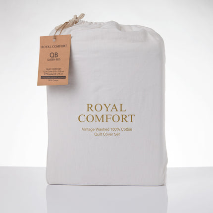 Royal Comfort Vintage Washed 100 % Cotton Quilt Cover Set Queen - White-1951134832742502402