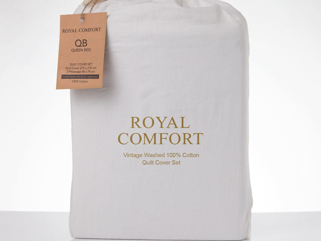 Royal Comfort Vintage Washed 100 % Cotton Quilt Cover Set Queen - White-1951134832742502402