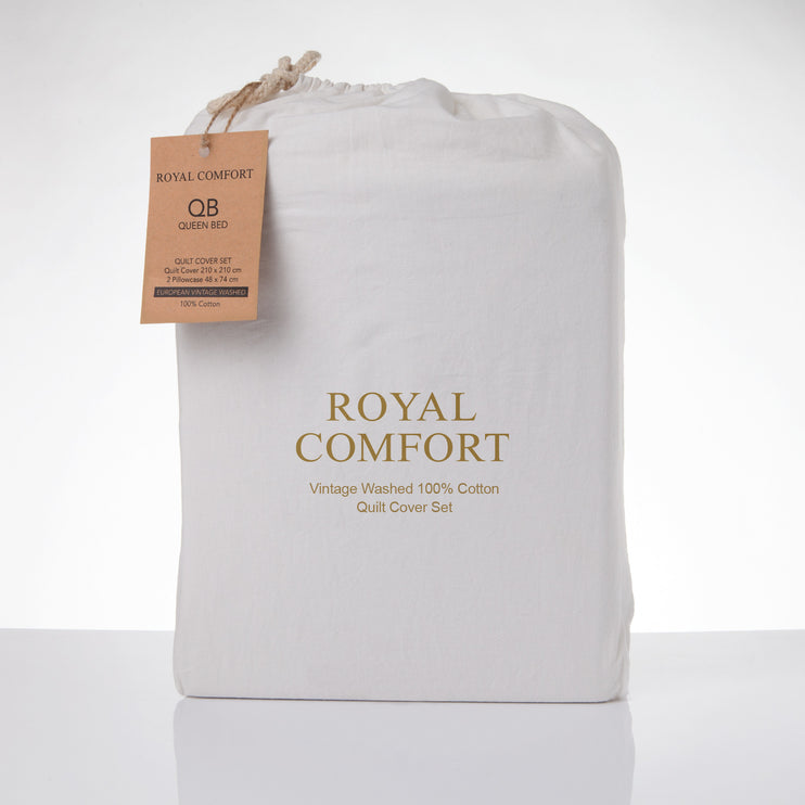 Royal Comfort Vintage Washed 100 % Cotton Quilt Cover Set Queen - White-1951134832742502402
