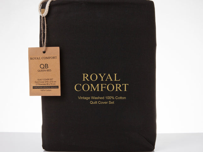 Royal Comfort Vintage Washed 100 % Cotton Quilt Cover Set Queen - Charcoal-1951134833111601154