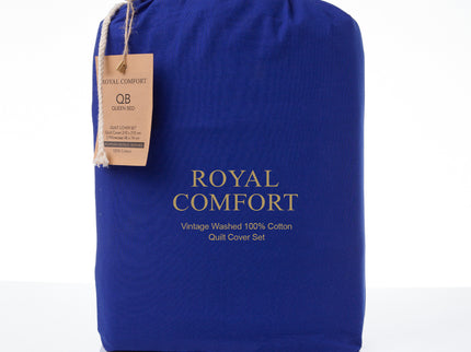 Royal Comfort Vintage Washed 100 % Cotton Quilt Cover Set Queen - Royal Blue-1917365869541986306