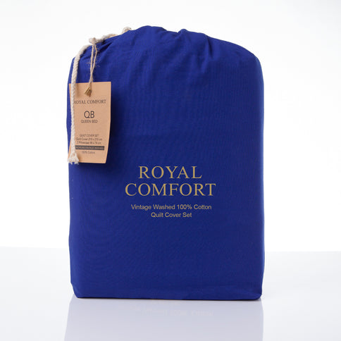 Royal Comfort Vintage Washed 100 % Cotton Quilt Cover Set Queen - Royal Blue-1917365869541986306