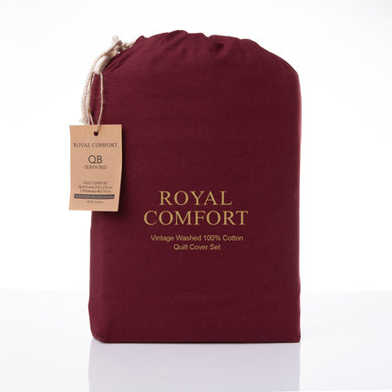 Royal Comfort Vintage Washed 100 % Cotton Quilt Cover Set Queen - Mulled Wine-1951134833484894210
