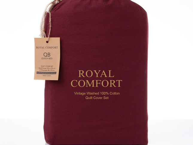 Royal Comfort Vintage Washed 100 % Cotton Quilt Cover Set Queen - Mulled Wine-1951134833484894210