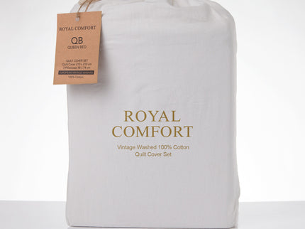 Royal Comfort Vintage Washed 100 % Cotton Quilt Cover Set King - White-1917365869692981250