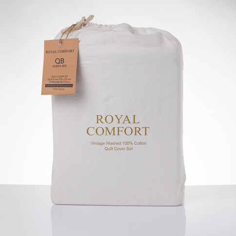 Royal Comfort Vintage Washed 100 % Cotton Quilt Cover Set King - White-1917365869692981250