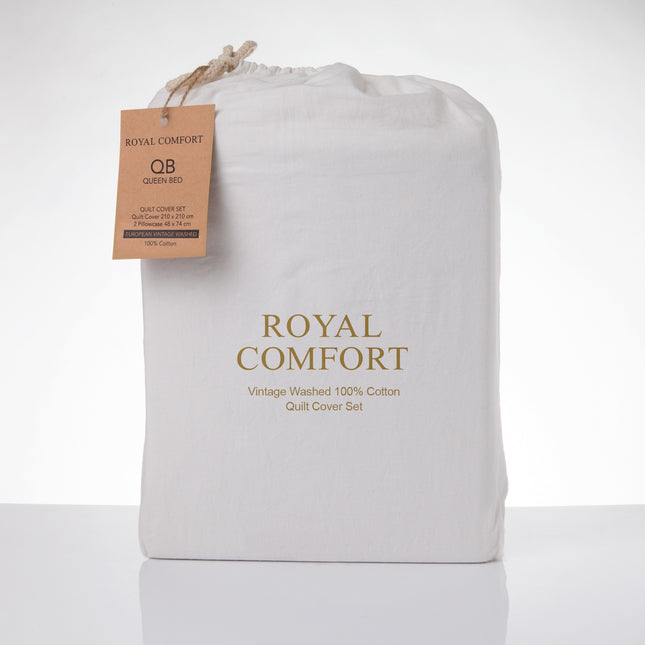 Royal Comfort Vintage Washed 100 % Cotton Quilt Cover Set King - White-1951134833661054978