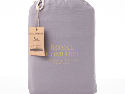 Royal Comfort Vintage Washed 100 % Cotton Quilt Cover Set King - Grey-1917365869848170498
