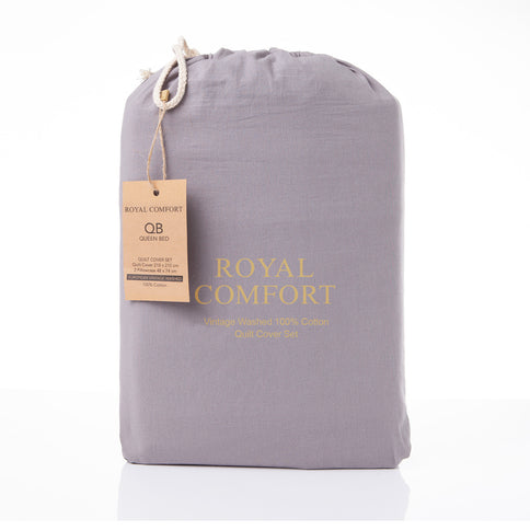 Royal Comfort Vintage Washed 100 % Cotton Quilt Cover Set King - Grey-1917365869848170498