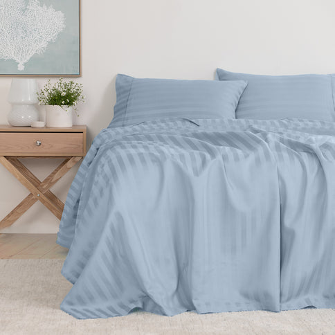 KENSINGTON 1200TC COTTON SHEET SET IN STRIPE-KING - CHAMBRAY (BLUE)-1889884834466238465