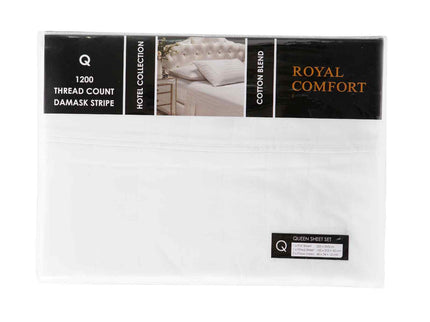 Royal Comfort 1200 Thread count Damask Stripe Cotton Blend sheet sets Queen White-1889884851318951938