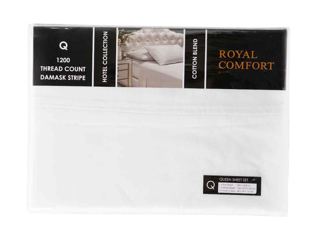 Royal Comfort 1200 Thread count Damask Stripe Cotton Blend sheet sets Queen White-1951134866385014786