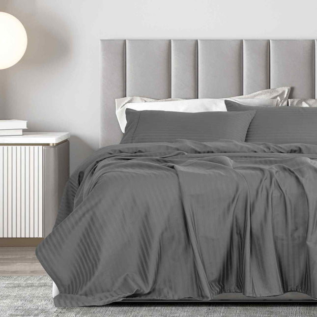 Royal Comfort 1200 Thread count Damask Stripe Cotton Blend sheet sets Queen Charcoal Grey-1951134866577952769