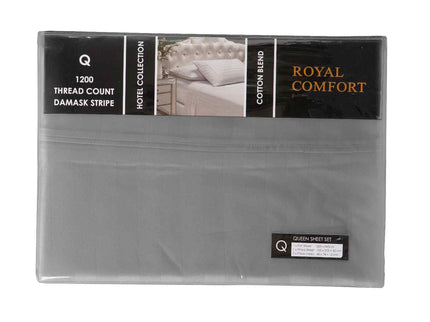 Royal Comfort 1200 Thread count Damask Stripe Cotton Blend sheet sets Queen Charcoal Grey-1889884851469946882