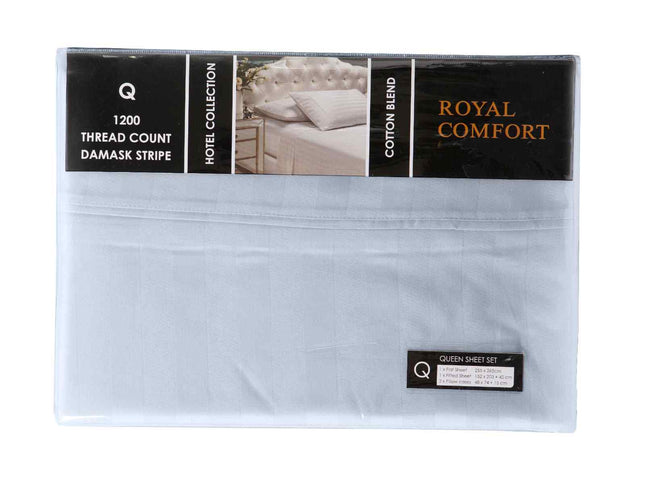 Royal Comfort 1200 Thread count Damask Stripe Cotton Blend sheet sets Queen Blue Fog-1951134871242018818