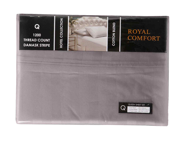 Royal Comfort 1200 Thread count Damask Stripe Cotton Blend sheet sets Queen Pewter-1951134872068296706