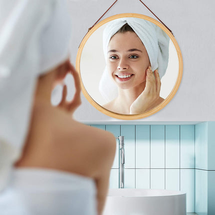 CARLA HOME Hanging Wall Mirror 38cm - Solid Bamboo Frame and Adjustable Leather Strap for Bathroom and Bedroom, Vanity Mirror, Makeup Mirror, Face Mirrors, Wall Shelf Mirror (Round 38 cm)-1978962234608586761