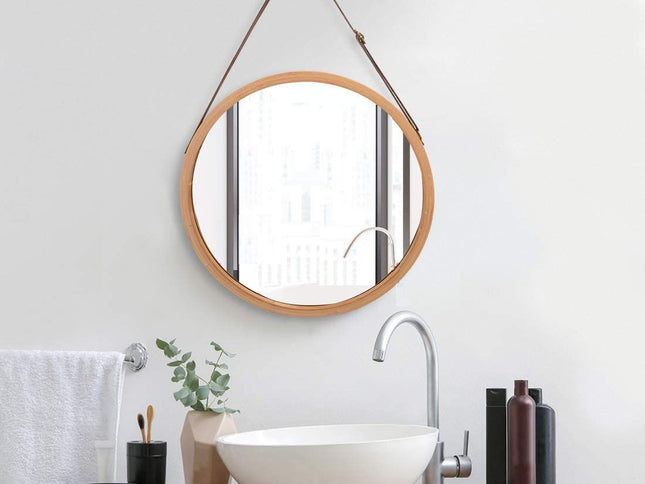 CARLA HOME Hanging Wall Mirror 38cm - Solid Bamboo Frame and Adjustable Leather Strap for Bathroom and Bedroom, Vanity Mirror, Makeup Mirror, Face Mirrors, Wall Shelf Mirror (Round 38 cm)-1978962234608586753
