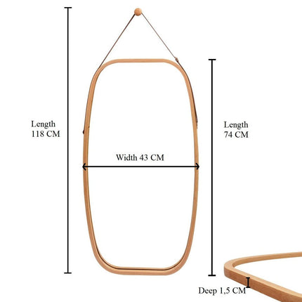 CARLA HOME Hanging Wall Mirror 74x43cm - Solid Bamboo Frame and Adjustable Leather Strap for Bathroom and Bedroom, Vanity Mirror, Makeup Mirror, Face Mirrors, Wall Shelf Mirror (Full Length)-1978962235103514633