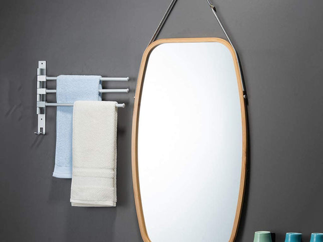 CARLA HOME Hanging Wall Mirror 74x43cm - Solid Bamboo Frame and Adjustable Leather Strap for Bathroom and Bedroom, Vanity Mirror, Makeup Mirror, Face Mirrors, Wall Shelf Mirror (Full Length)-1978962235103514625