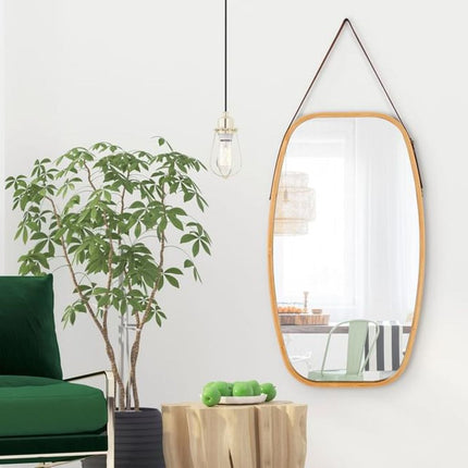 CARLA HOME Hanging Wall Mirror 74x43cm - Solid Bamboo Frame and Adjustable Leather Strap for Bathroom and Bedroom, Vanity Mirror, Makeup Mirror, Face Mirrors, Wall Shelf Mirror (Full Length)-1978962235103514627