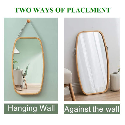 CARLA HOME Hanging Wall Mirror 74x43cm - Solid Bamboo Frame and Adjustable Leather Strap for Bathroom and Bedroom, Vanity Mirror, Makeup Mirror, Face Mirrors, Wall Shelf Mirror (Full Length)-1978962235103514628