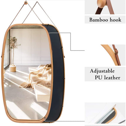 CARLA HOME Hanging Wall Mirror 74x43cm - Solid Bamboo Frame and Adjustable Leather Strap for Bathroom and Bedroom, Vanity Mirror, Makeup Mirror, Face Mirrors, Wall Shelf Mirror (Full Length)-1978962235103514629