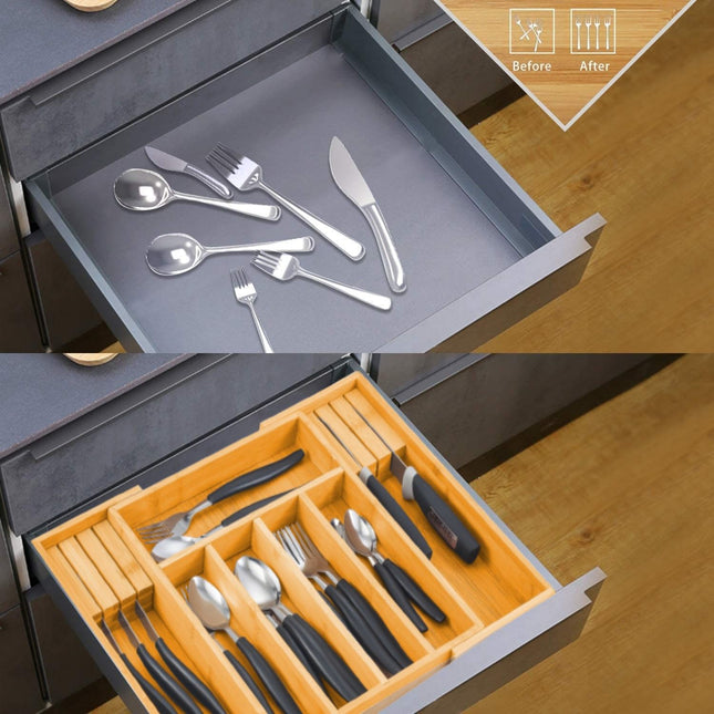 CARLA HOME Large Capacity Bamboo Expandable Drawer Organizer with Knife Block Holder for Home Kitchen Utensils-1978962235657162754