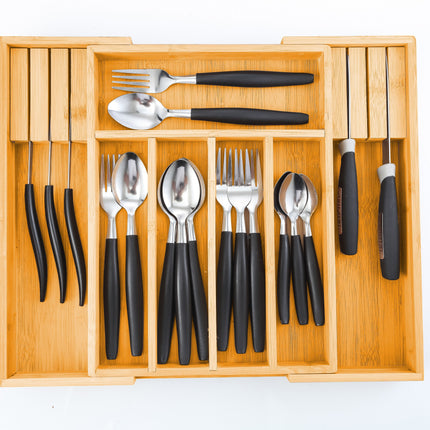 CARLA HOME Large Capacity Bamboo Expandable Drawer Organizer with Knife Block Holder for Home Kitchen Utensils-1978962235657162755