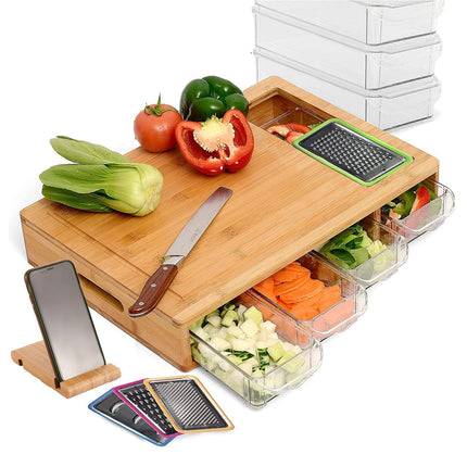 CARLA HOME Large Bamboo Cutting Board and 4 Containers with Mobile Holder gift included for Home Kitchen-1978962236374388736