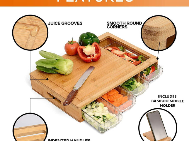 CARLA HOME Large Bamboo Cutting Board and 4 Containers with Mobile Holder gift included for Home Kitchen-1978962236374388737