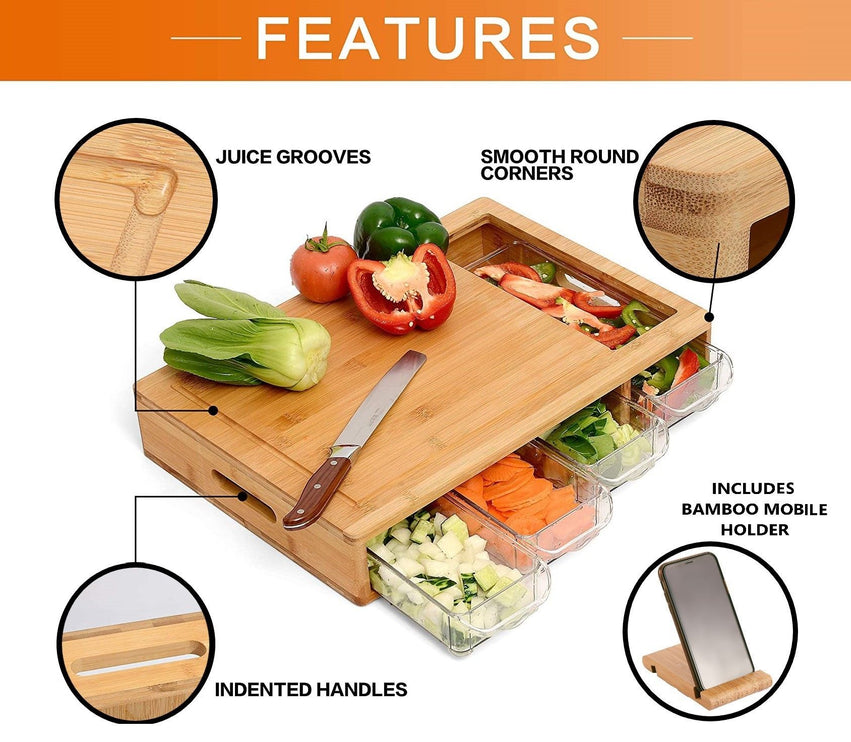 CARLA HOME Large Bamboo Cutting Board and 4 Containers with Mobile Holder gift included for Home Kitchen-1978962236374388737