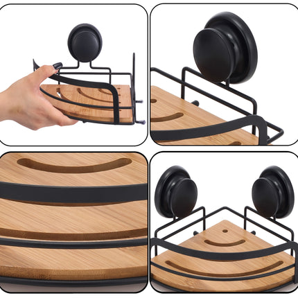 CARLA HOME  2 Pack Round Bamboo Corner Shower Caddy Shelf Basket Rack with Premium Vacuum Suction Cup No-Drilling for Bathroom and Kitchen-1978962237284552709