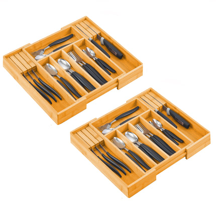 2 Pack Large Capacity Bamboo Expandable Drawer Organizer with Knife Block Holder for Home Kitchen Utensils-1978962241122340864