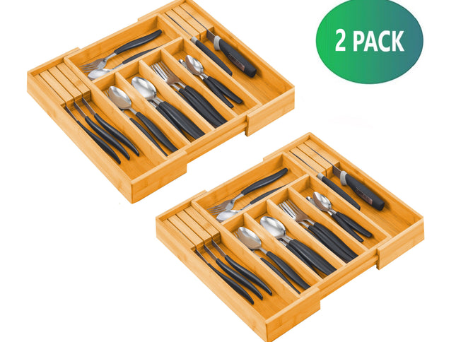 2 Pack Large Capacity Bamboo Expandable Drawer Organizer with Knife Block Holder for Home Kitchen Utensils-1978962241122340865