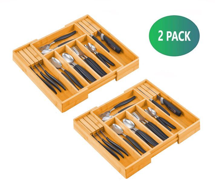 2 Pack Large Capacity Bamboo Expandable Drawer Organizer with Knife Block Holder for Home Kitchen Utensils-1978962241122340865
