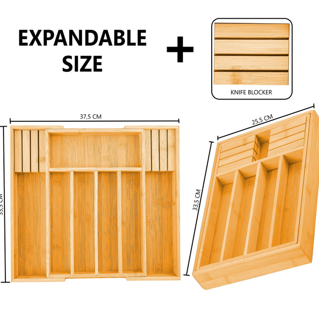 2 Pack Large Capacity Bamboo Expandable Drawer Organizer with Knife Block Holder for Home Kitchen Utensils-1978962241122340866