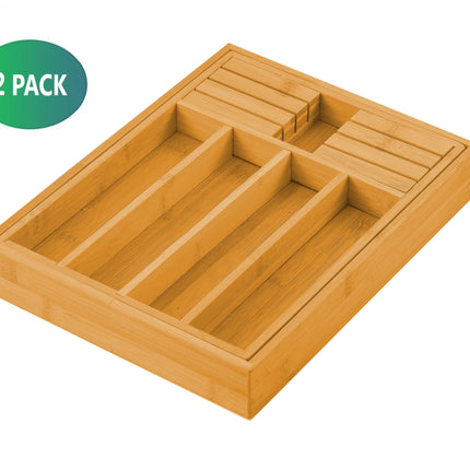 2 Pack Large Capacity Bamboo Expandable Drawer Organizer with Knife Block Holder for Home Kitchen Utensils-1978962241122340868