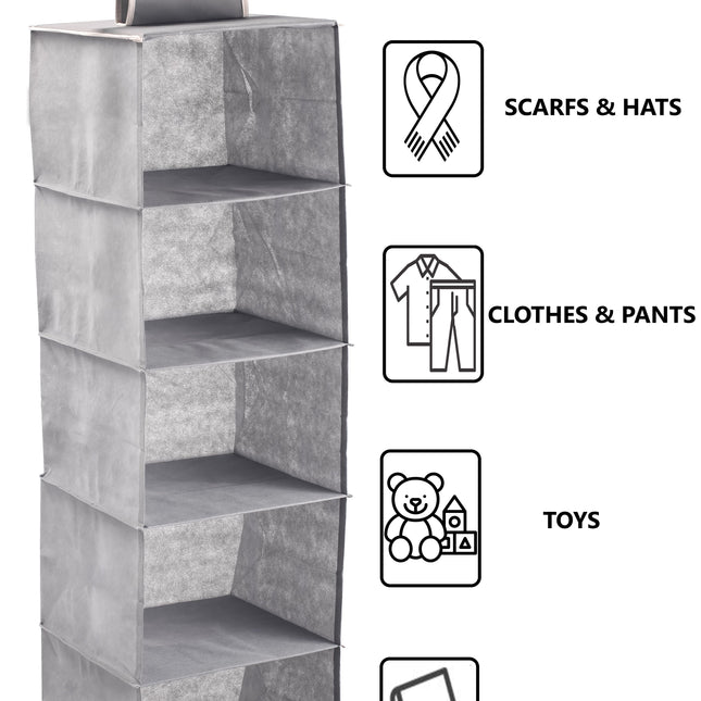 2 Pack 5-Tier Shelf Hanging Closet Organizer and Storage for Clothes (Grey)-1978962242040893442